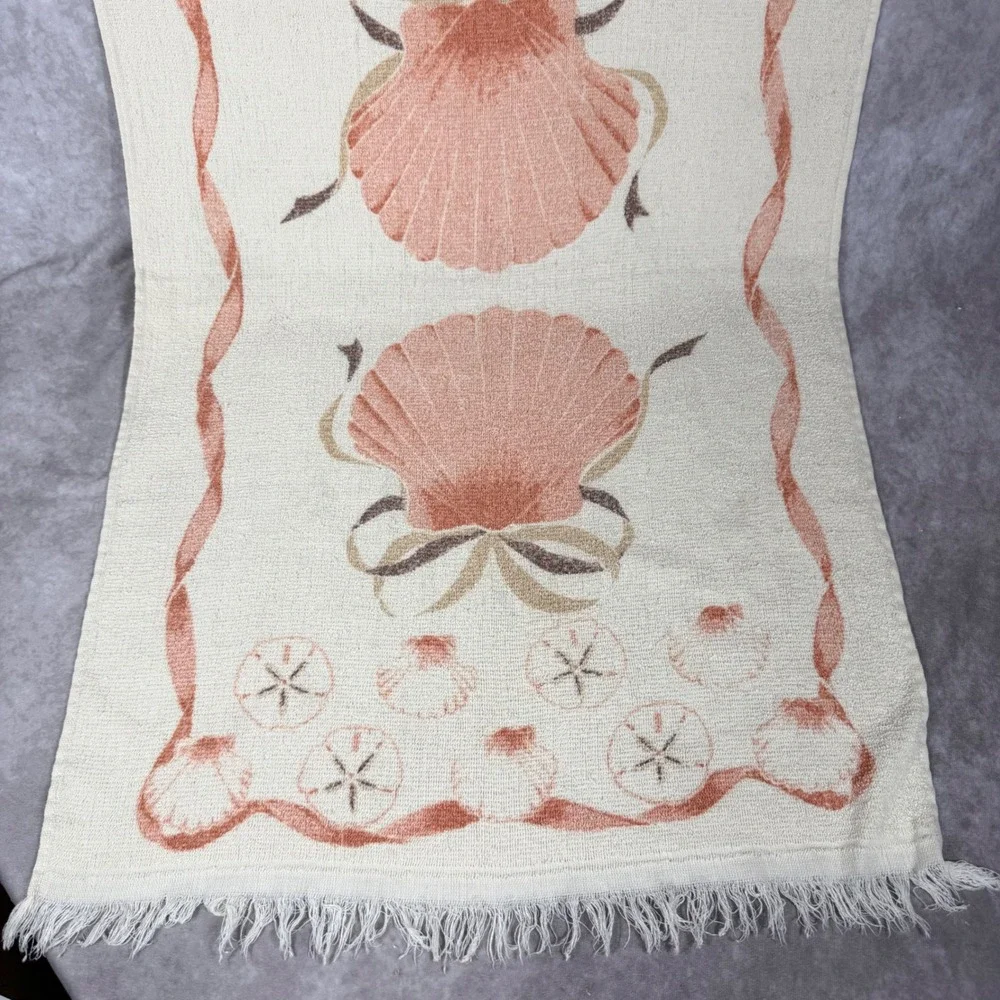 Vtg Franco Fieldcrest Cannon Bath Towel Coastal Sea Shell Fringe Made USA 90s